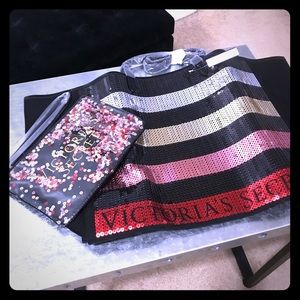 Victoria’s Secret sequin tote and wristlet.